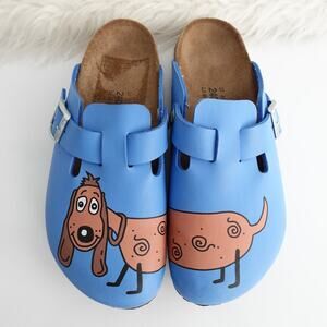 Birki's by Birkenstock Woodby Birko Flor Dachshund Dog Blue Clogs Size 37 L6M4